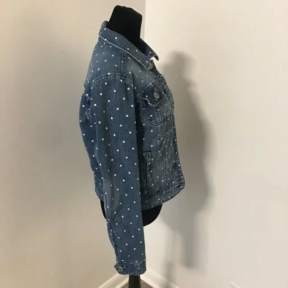 ELLE Blue Jean Denim White Polka Dot Jacket Front Pockets Women's Size Medium - Picture 2 of 8